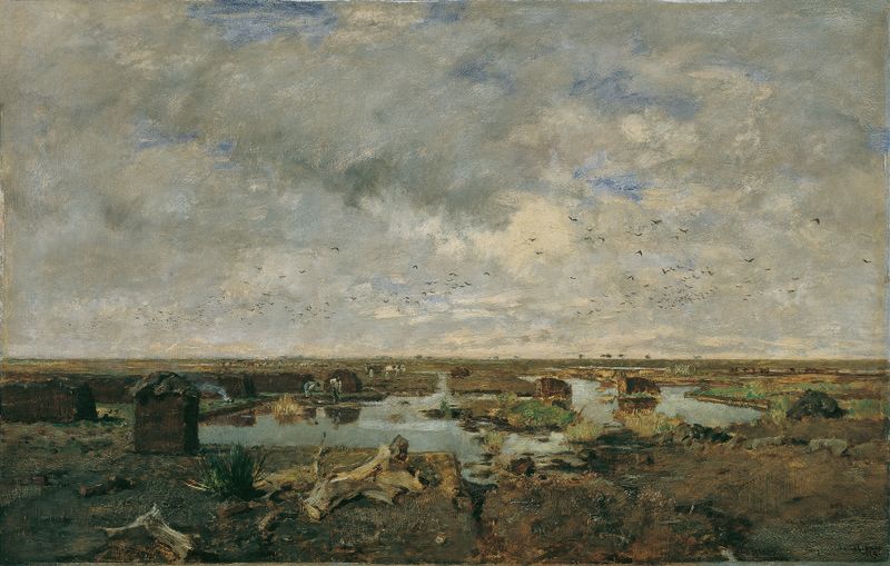 Große Moorlandschaft de Eugen Jettel, óleo sobre tela que retrata uma paisagem serena de charneca.