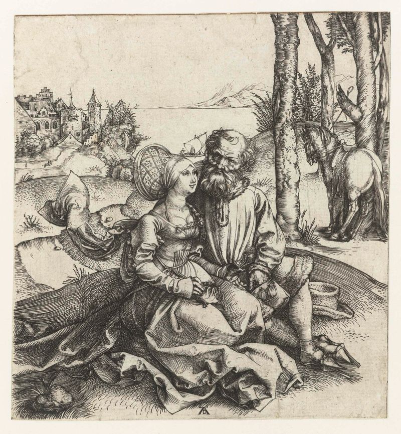 Gravura de Albrecht Dürer mostrando um velho e uma jovem em um momento terno.
