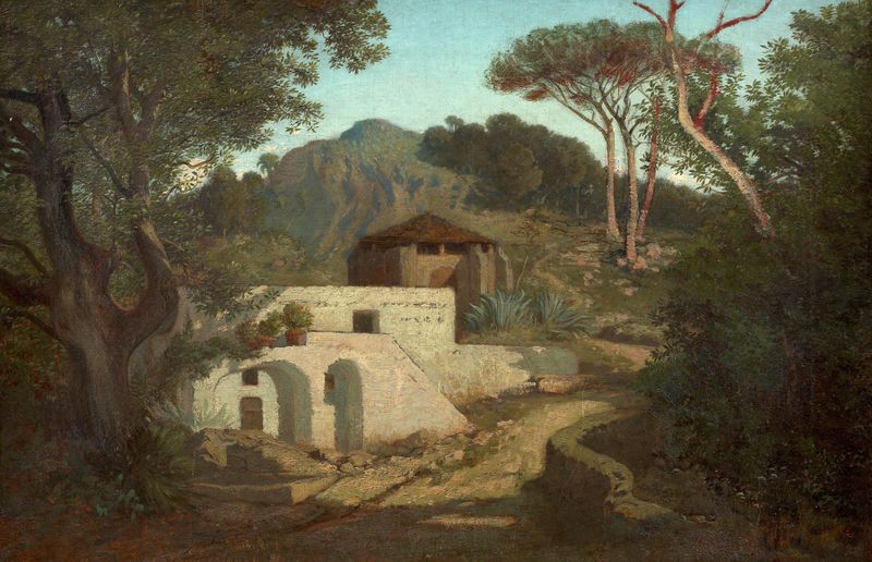 Paisagem mediterrânea com uma villa de Adolphe Balfourier, pintura a óleo