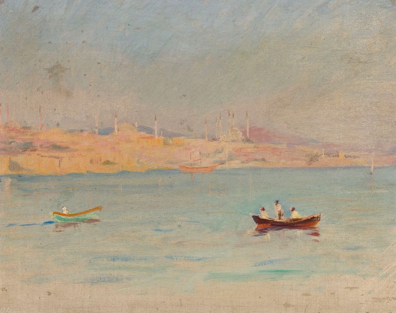 Marine landscape de Jan Ciągliński, 1893, que muestra aguas tranquilas y costas distantes, óleo.