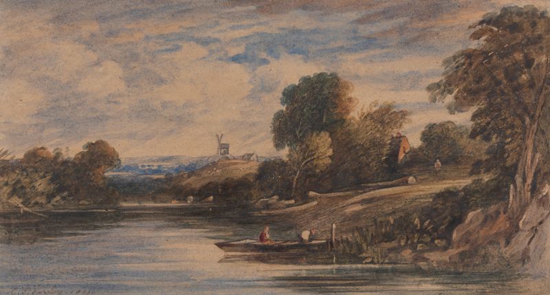 Landscape with Windmill by Cornelius Varley, oil on canvas depicting a windmill under a serene sky.