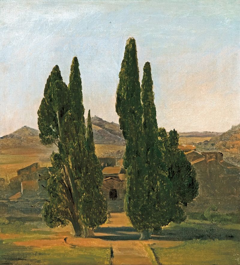 Cypress trees at the Villa d’Este by Charles Lock Eastlake, oil painting depicting lush greenery.