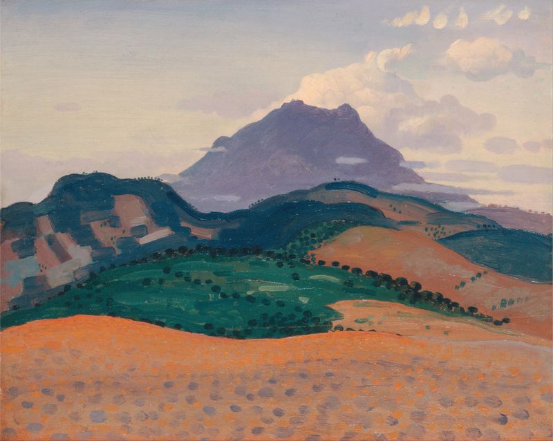 Tour Madeloc nos Pirenéus por Derwent Lees, óleo sobre tela que retrata montanhas e vales.