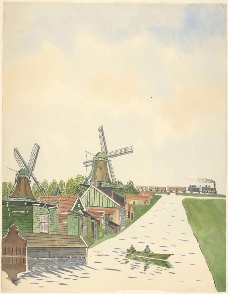 Paisaje con un molino de mostaza y el río Zaan, pintura al óleo de Johannes Nicolaas Eijman