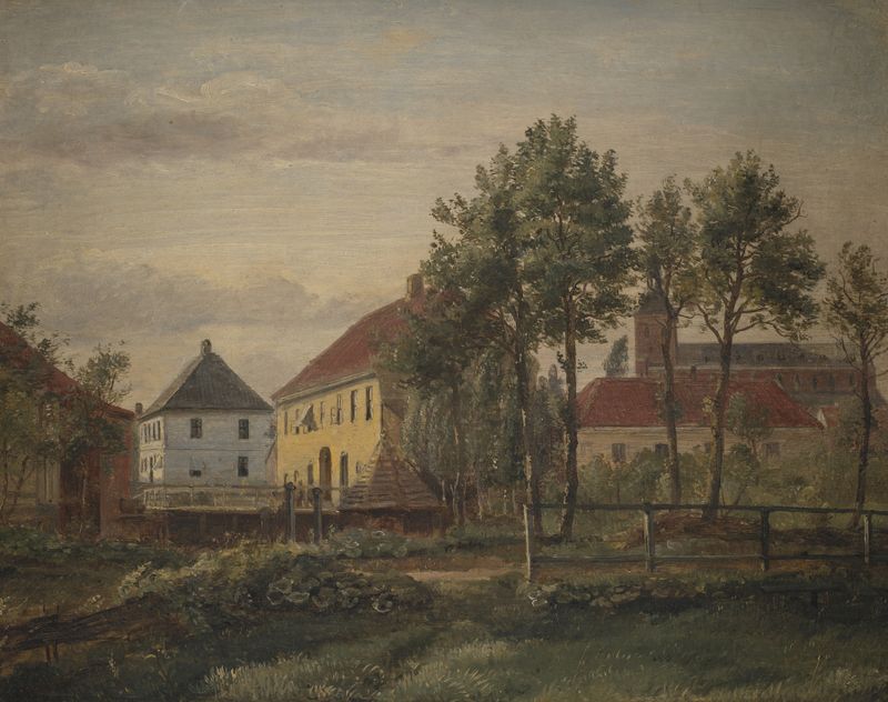 A Mill in Odense de Dankvart Dreyer, óleo sobre lienzo que muestra un paisaje sereno