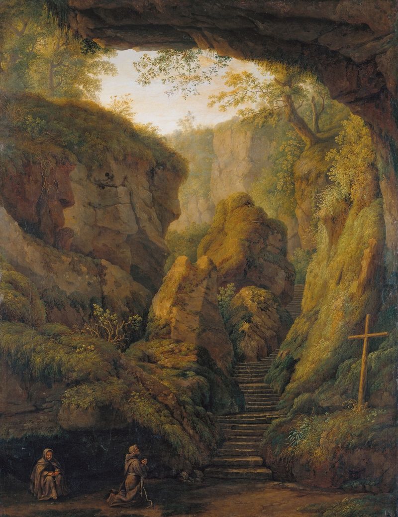 Saint Francis’ Grotto on Monte Verna de Jacob Philipp Hackert, óleo que muestra una figura serena en oración.