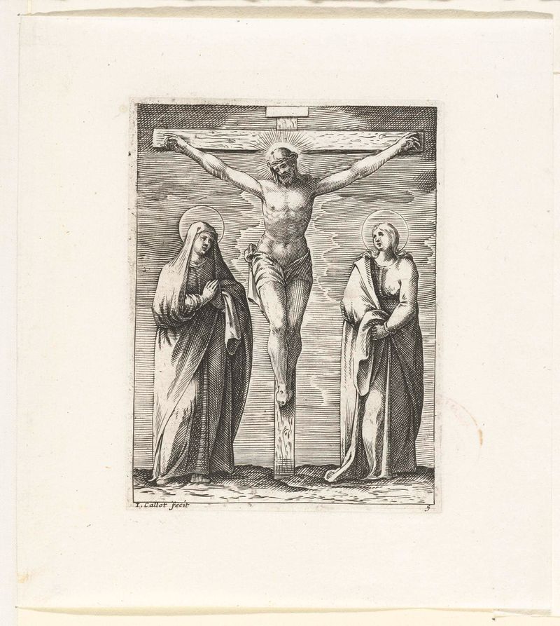 Gravura de Kruisiging de Jacques Callot mostrando figuras em desespero ao redor de uma figura crucificada.