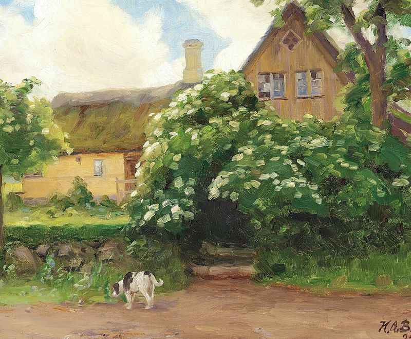 Pintura a óleo de Hans Andersen Brendekilde mostrando uma aldeia com um arbusto de flor de sabugueiro e um cachorro.