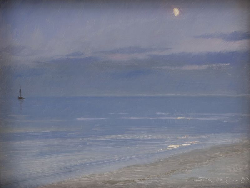Skagen Beach in Moonlight, oil painting by Peder Severin Krøyer, depicting a moonlit beach with gentle waves.