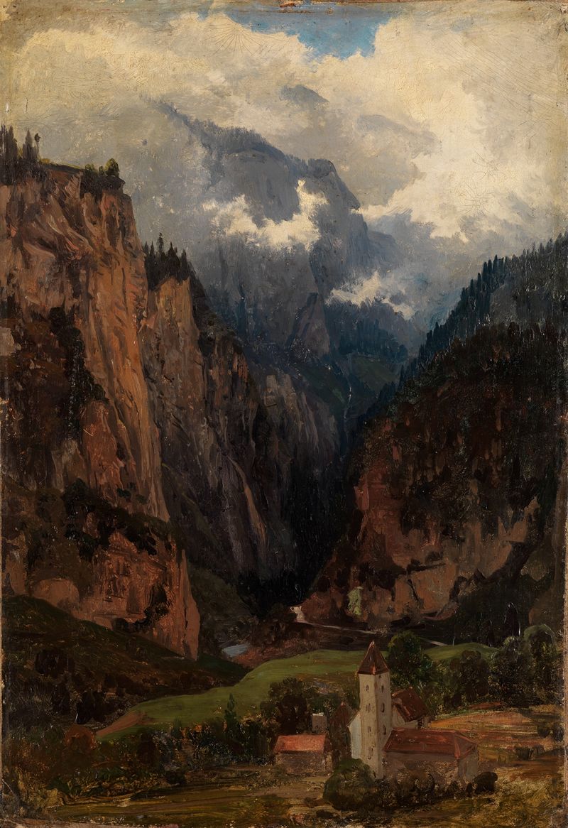 Paisagem com uma igreja e montanhas, pintura a óleo de Johann Wilhelm Schirmer