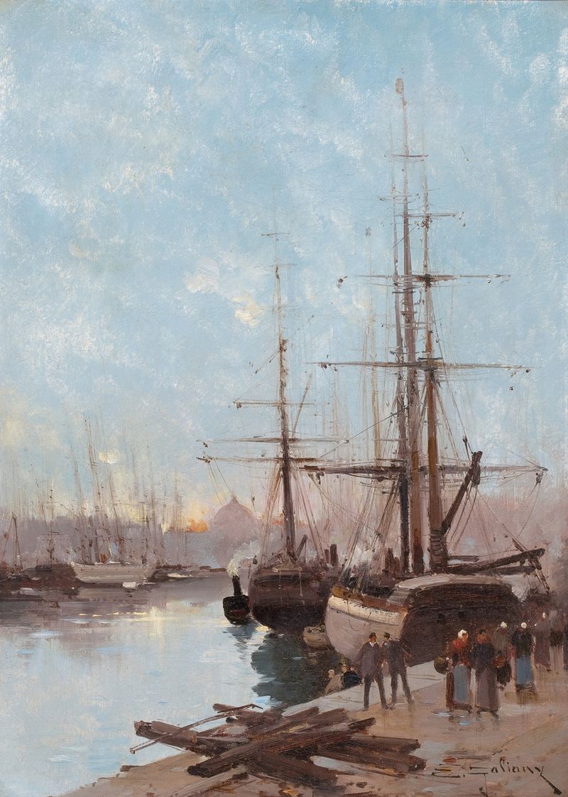 Harbor Scene, óleo sobre tela de Eugène Galien-Laloue, retratando barcos ao crepúsculo com água calma.