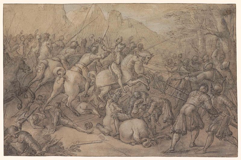 Grabado de Pierre Woeiriot que representa una escena de batalla histórica con figuras y luz dramática.
