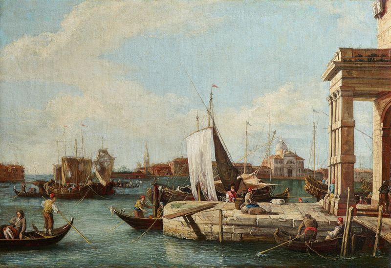Punta della Dogana, oil on canvas by Giovanni Battista Cimaroli, depicting a vibrant harbor scene.