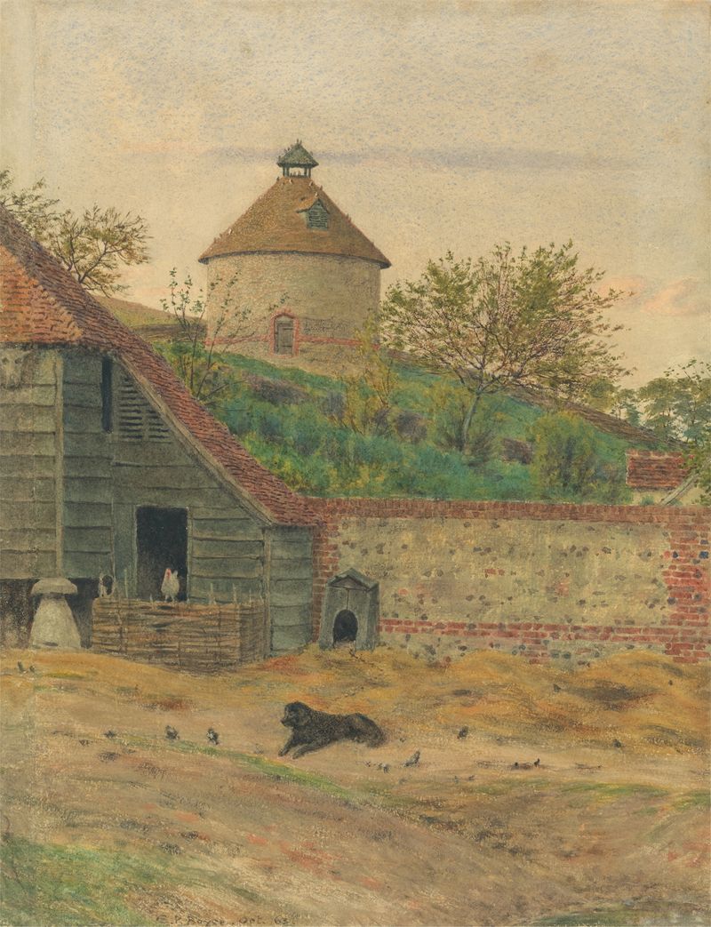 Dovecote at Streatley de George Price Boyce, acuarela sobre papel, que representa un paisaje tranquilo.