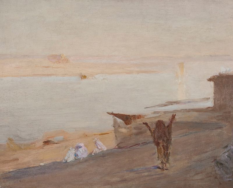 Rio Ganges sob um sol dourado, óleo sobre tela de Jan Ciągliński