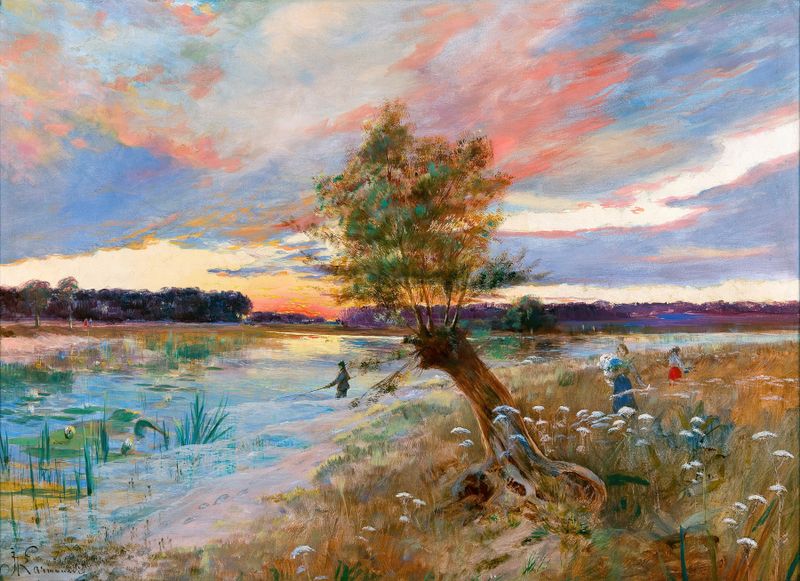 A River at Sunset de Joseph von Karmanski, pintura a óleo que retrata um pôr do sol sobre um rio.