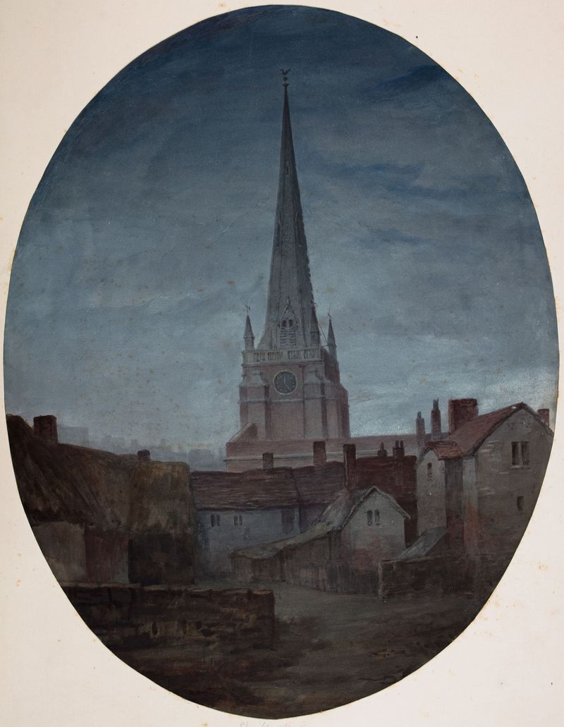 St Martin’s Church Birmingham, By Night by Elijah Walton, oil painting depicting illuminated church façade at night