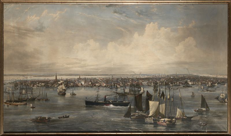 New York by John William Hill, watercolor on paper, depicting a city skyline at sunset