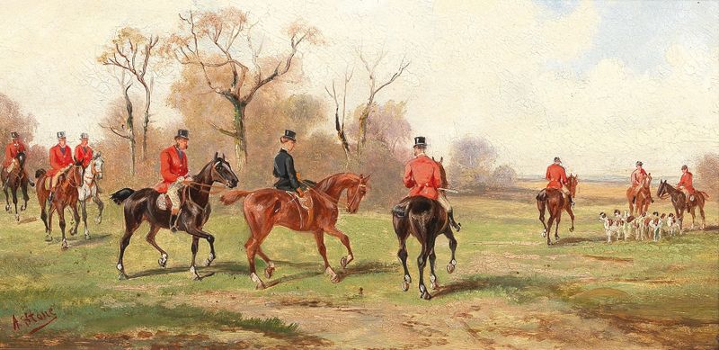 Fox Hunt de Alfred Steinacker, óleo sobre tela que retrata um caminho sinuoso em uma paisagem contrastante.