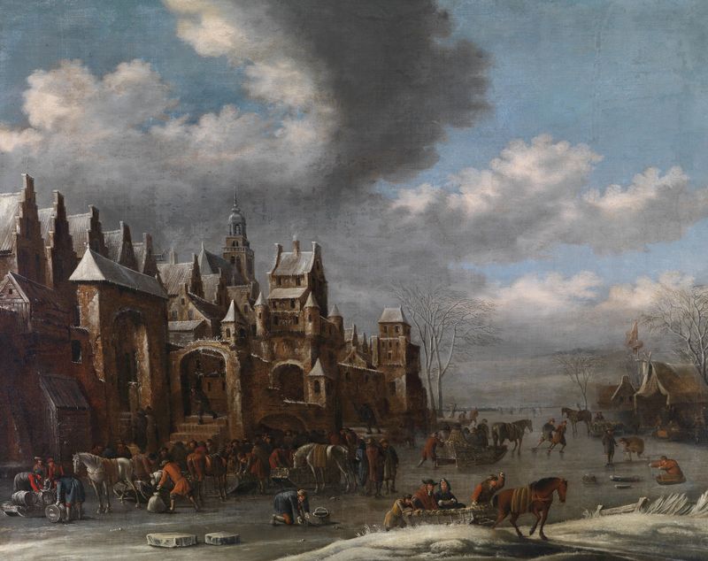 Winter landscape with skaters on ice, oil painting by Thomas Heeremans