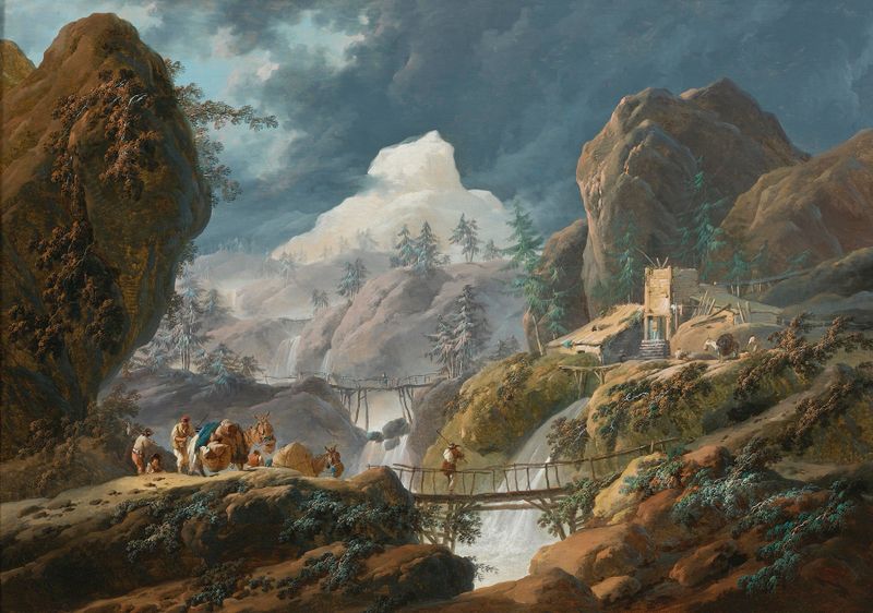 A Mountainous Landscape With Two Foot Bridges And Travelers de Jean-Baptiste Pillement, óleo