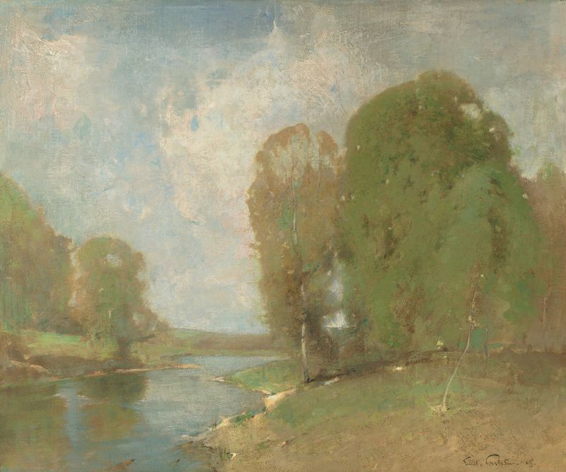 Meadow Brook de Emil Carlsen, óleo sobre tela retratando um riacho sereno com luz e sombras filtradas.
