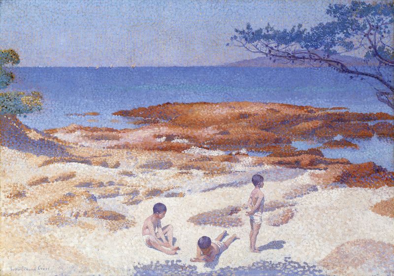 Praia em Cabasson de Henri-Edmond Cross, retratando ondas e banhistas, pintura a óleo