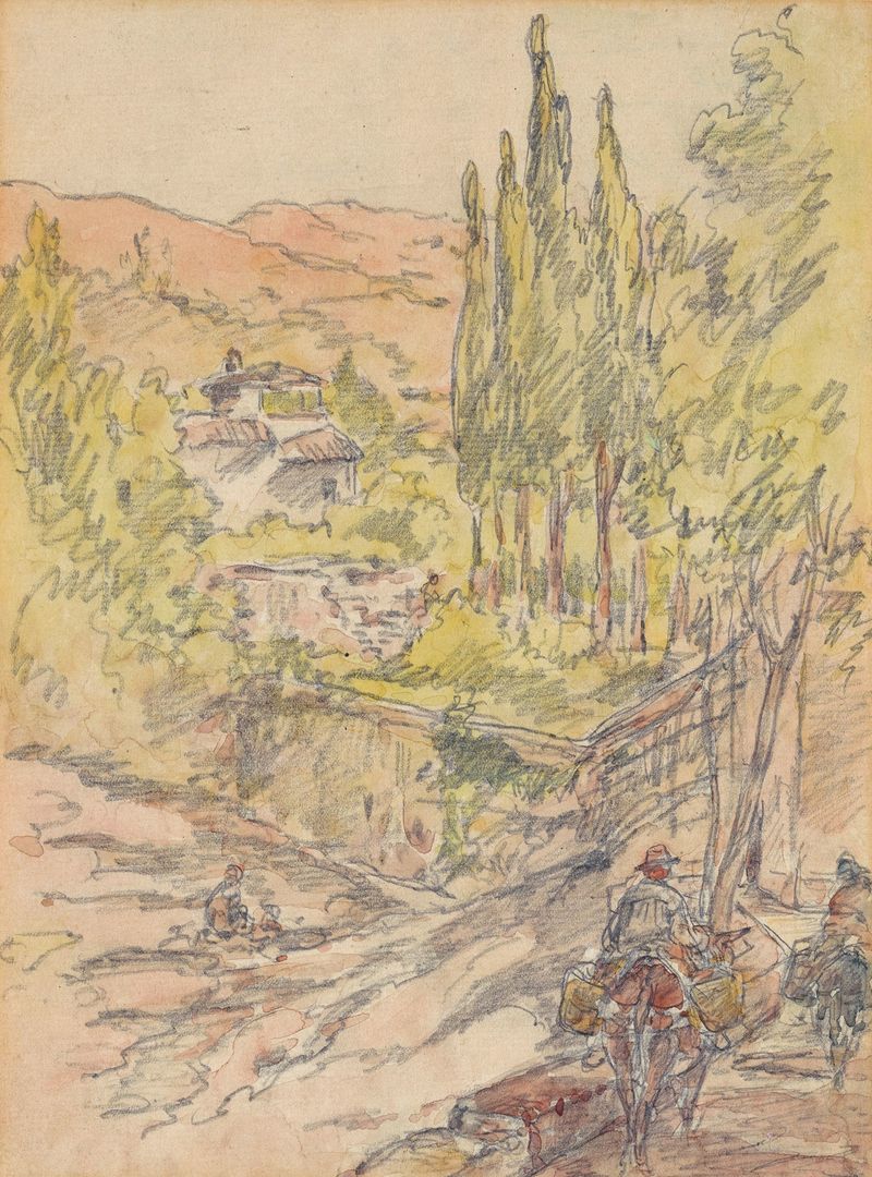 Granada by Walter Shirlaw, oil painting depicting a soldier against an ancient city backdrop.