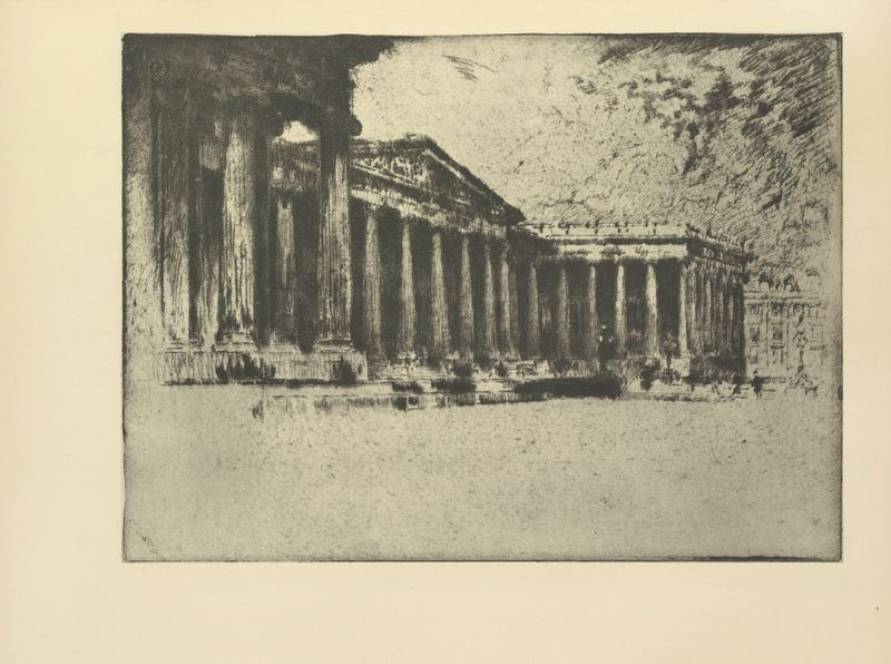 El Museo Británico en estilo moderno por Joseph Pennell, representando arquitectura con árboles y luz.