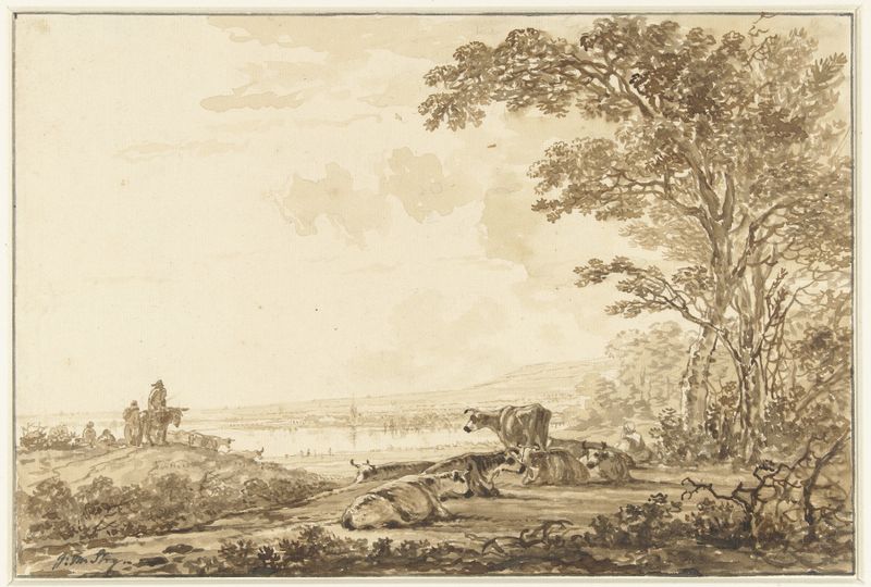 Rivierlandschap met rustend vee by Jacob van Strij, oil painting depicting cattle resting by a river