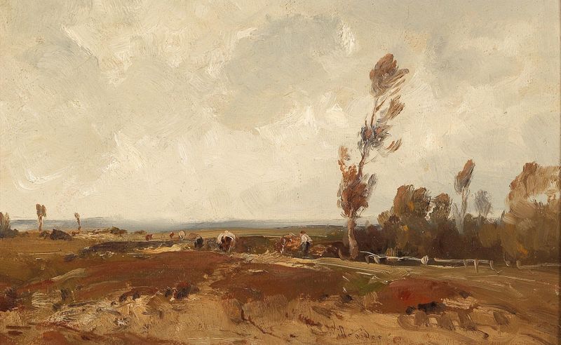 Working in the Fields in Autumn by Ludwig Willroider, oil painting depicting workers in golden fields.