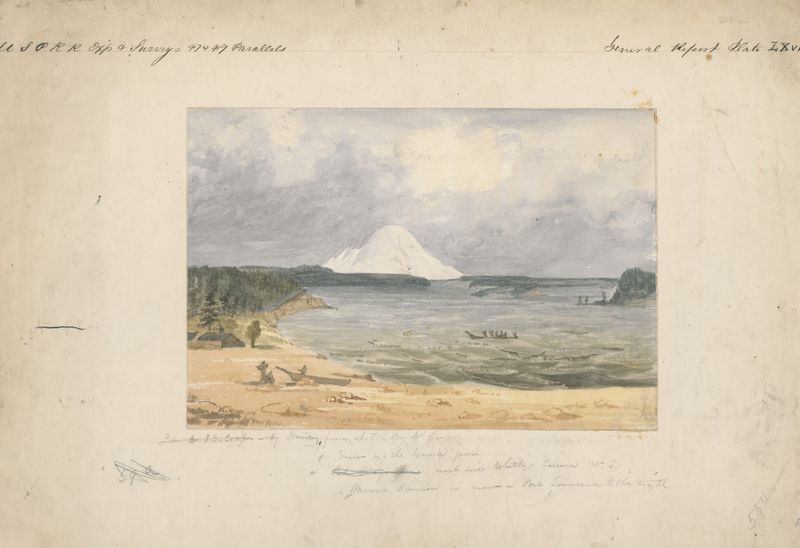 Paisagem de Puget Sound e Mt. Rainier, pintura a óleo de John Mix Stanley
