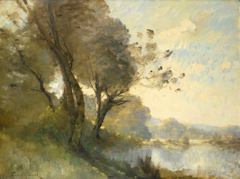 Barrage En Ruine Sur La Vienne by Paul Désiré Trouillebert, realism, depicting crumbling stonework and flowing river.