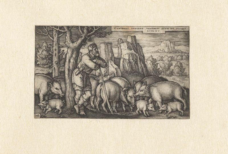 Grabado de Hans Sebald Beham que muestra una figura solitaria en desesperación, colores vibrantes