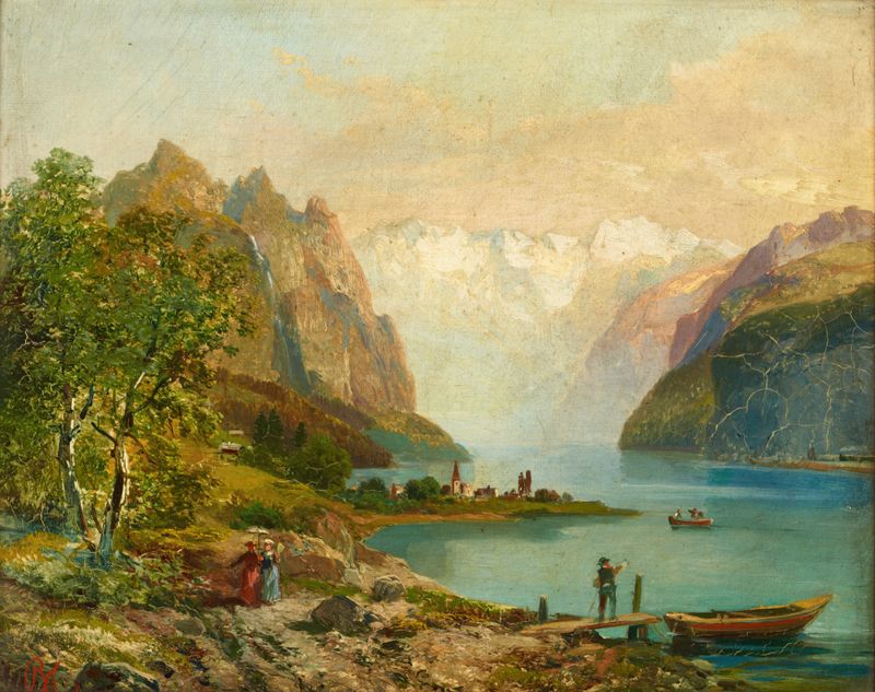 Wallenstättersee pintura a óleo de Bernhard Michling mostrando um lago tranquilo e montanhas distantes.
