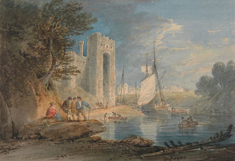 Aquarela de William Payne mostrando colinas e um rio em Caernarvon, País de Gales