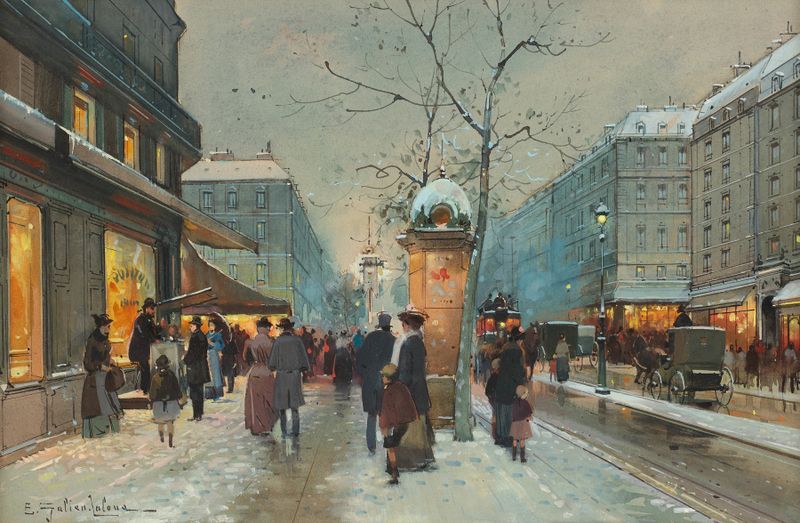 Boulevard coberto de neve à noite, óleo sobre tela de Eugène Galien-Laloue