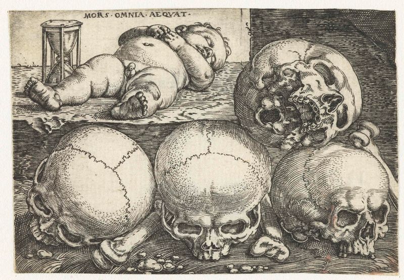 Engraving by Barthel Beham depicting a child with an hourglass and four skulls