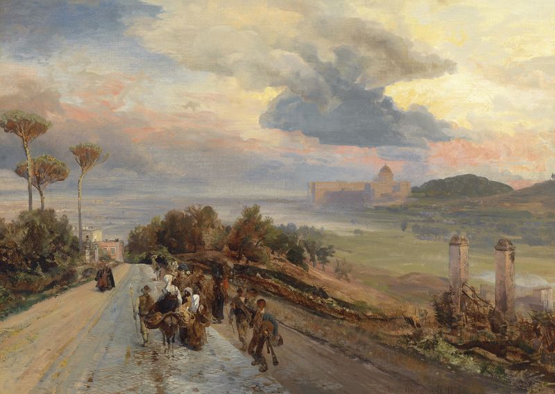 Paisaje con colinas y atardecer de Oswald Achenbach, pintura al óleo