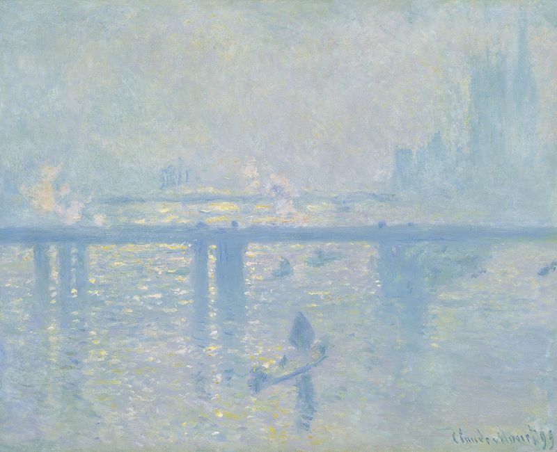 Charing Cross Bridge de Claude Monet, óleo sobre lienzo que representa un río al amanecer