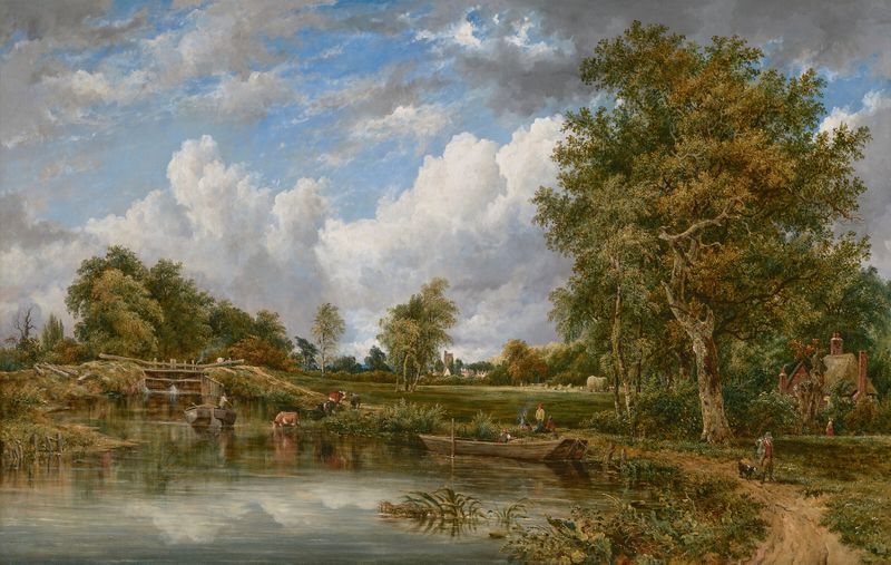 Dedham Lock on the River Stour, oil on canvas by Frederick Waters Watts, depicting a tranquil river landscape.