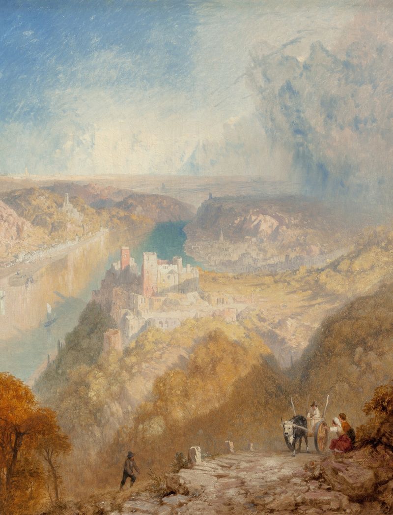 The Castle of Rheinstein by James Baker Pyne, oil on canvas, depicting a castle by the Rhine river under a hazy sky.