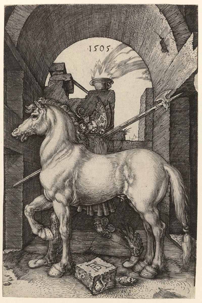 Gravura de Albrecht Dürer retratando um cavalo em uma postura ereta e movimento dinâmico.