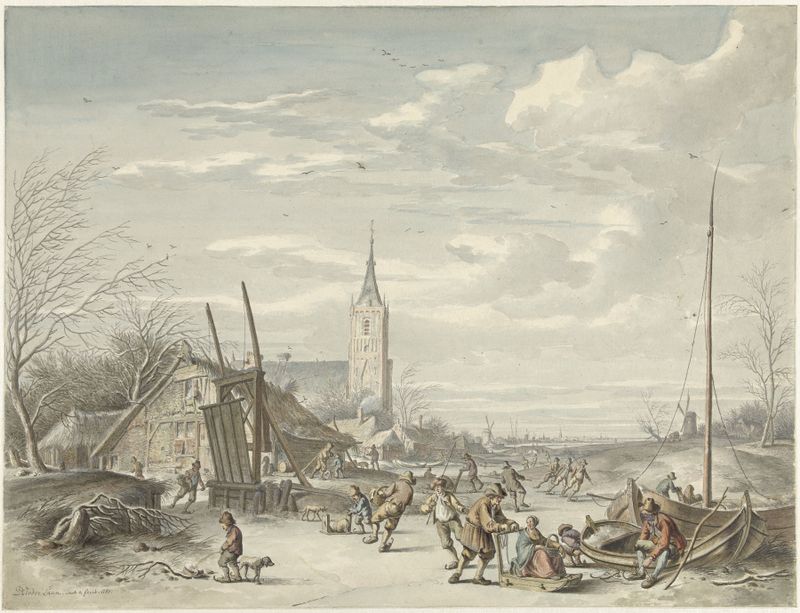 Winterlandschap de Dirk Jan van der Laan, óleo sobre tela que retrata uma paisagem de inverno serena.
