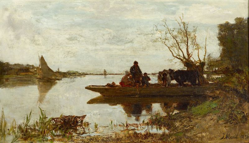 Ferry deslizándose sobre el agua, pintura al óleo de Jacob Maris