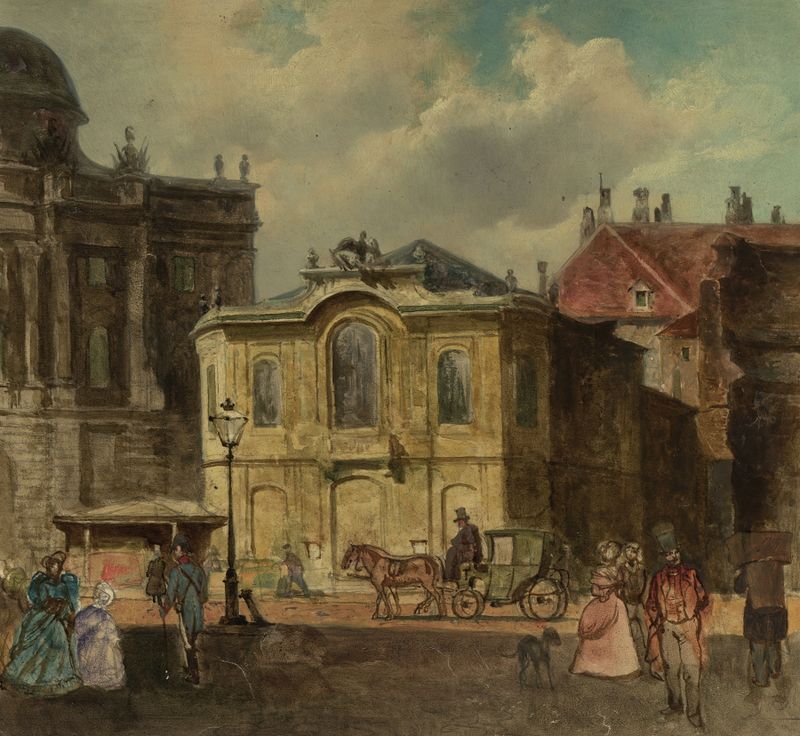 I. Michaelerplatz, pintura a óleo de Unknown Artist, apresenta grande arquitetura e luz em uma praça movimentada.