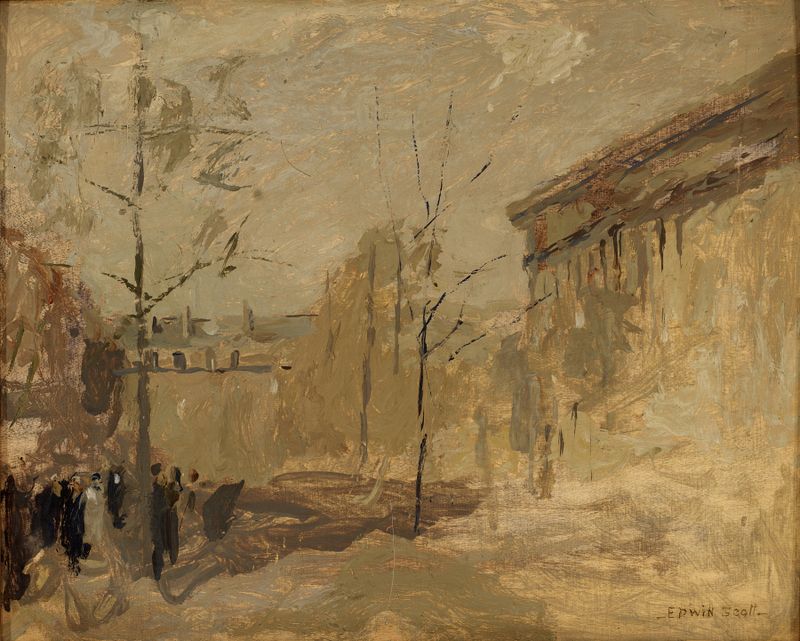 Oil painting by Frank Edwin Scott depicting the facade of the Madeleine at twilight