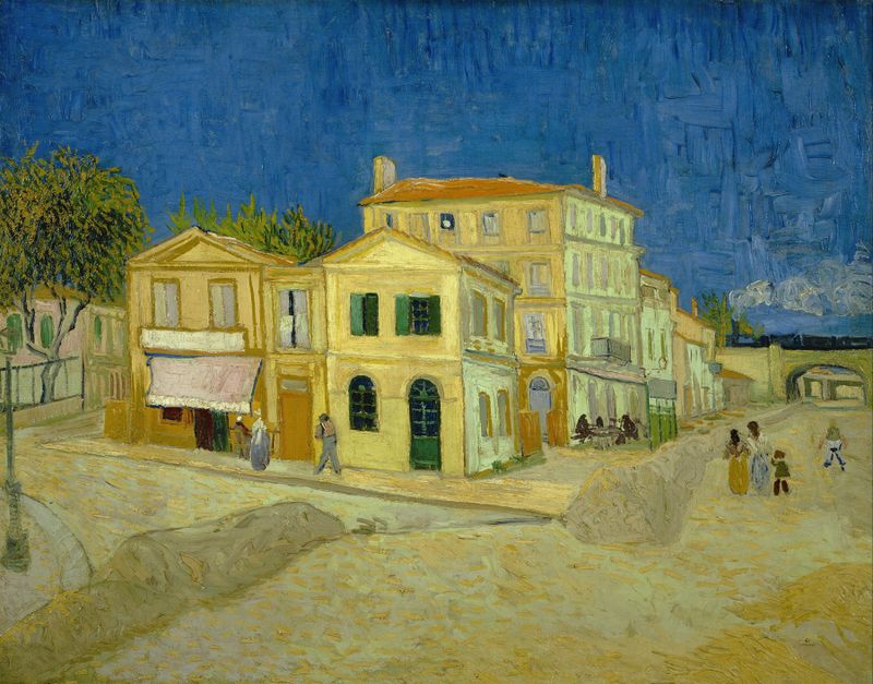 The Yellow House by Vincent van Gogh, oil painting of a vibrant yellow house with thick texture.