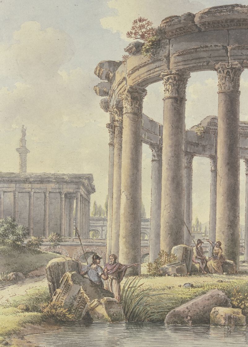 Architektonisches Capriccio, ink on paper by Victor-Jean Nicolle, depicting ruins and Trajan's Column.