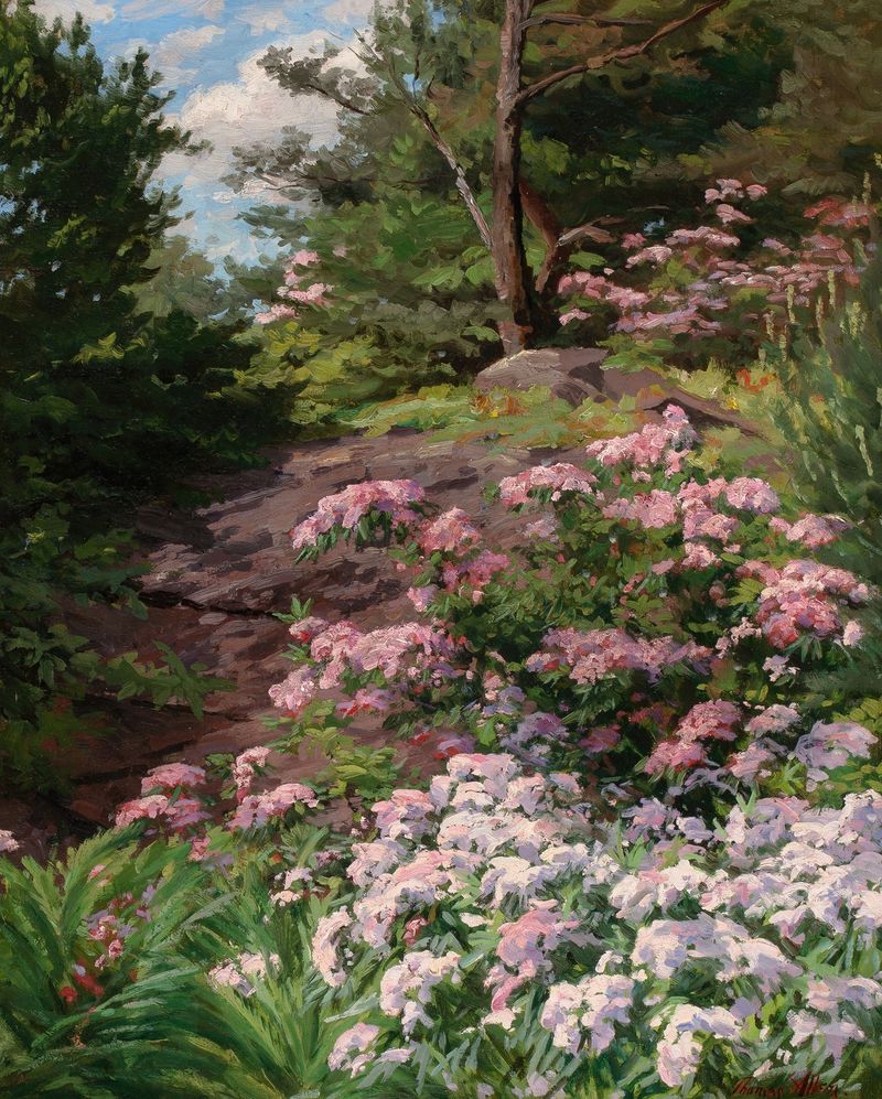 Pink and White Rhododendron in a Forest de Thomas Allen, Jr., pintura al óleo que muestra flores vibrantes y vegetación.
